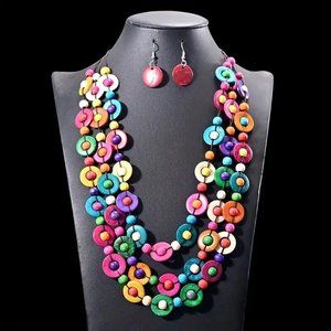 Boho Multilayer Wooden Multicolor Style Wooden Rice Bead Necklace & Earring Set